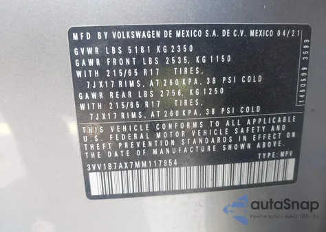 2021 Volkswagen Tiguan 2.0T S из США, поврежденный, VIN 3VV1B7AX7MM117954